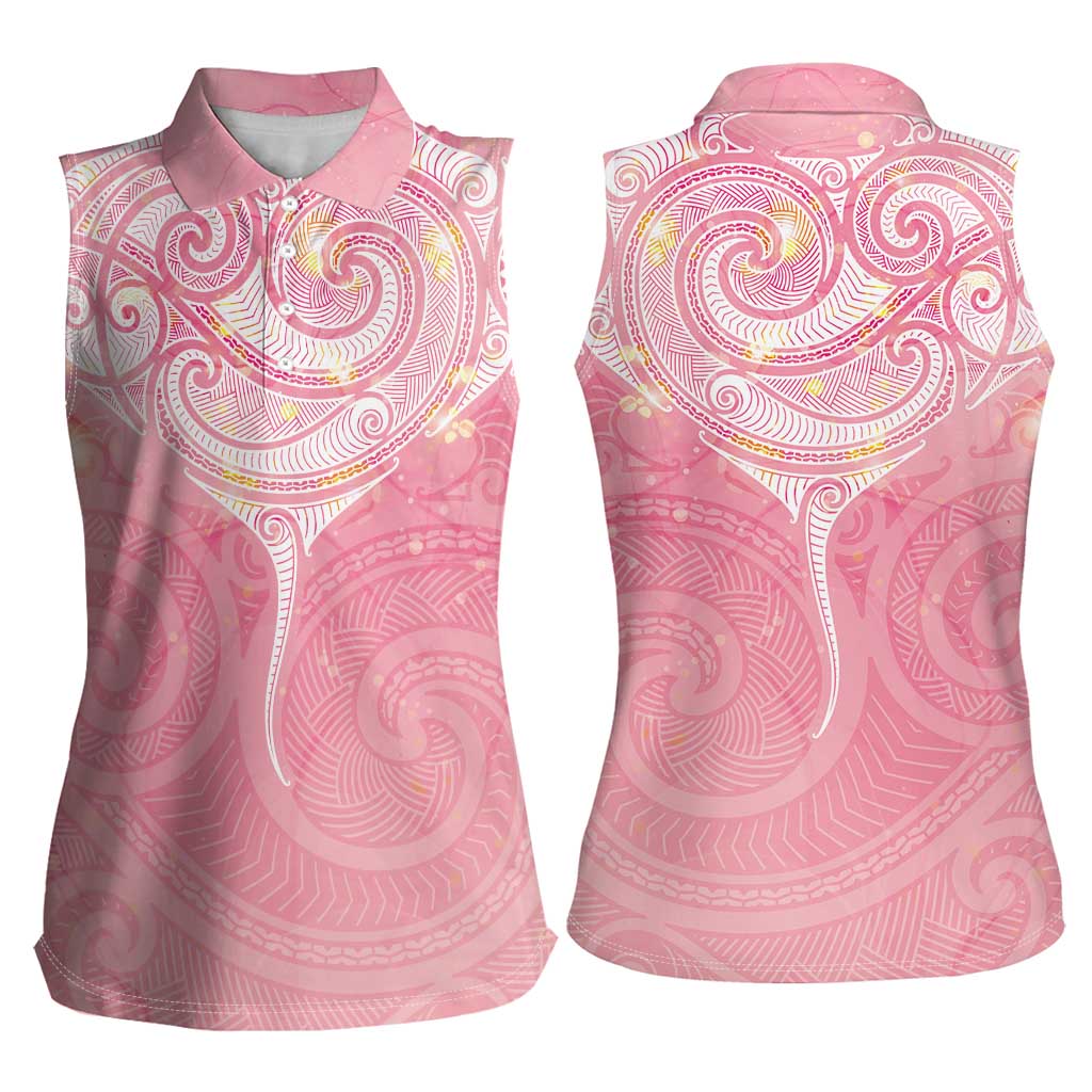 Breast Cancer Awareness Maori Aotearoa Women Sleeveless Polo Shirt Manta Ray - Pink Glaze - Polynesian Pride