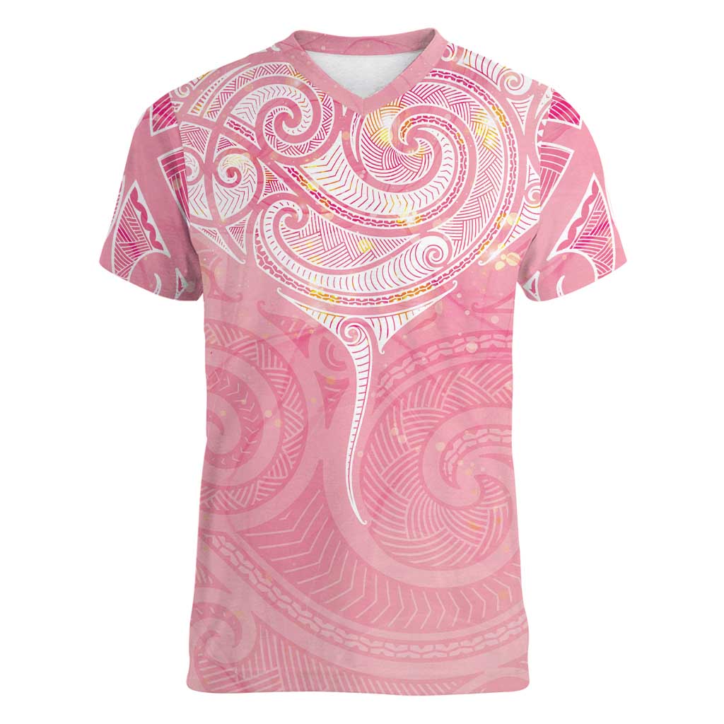 Breast Cancer Awareness Maori Aotearoa Women V-Neck T-Shirt Manta Ray - Pink Glaze - Polynesian Pride