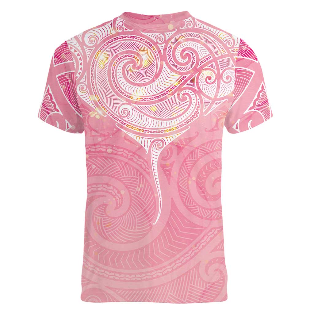 Breast Cancer Awareness Maori Aotearoa Women V-Neck T-Shirt Manta Ray - Pink Glaze LT7 - Polynesian Pride