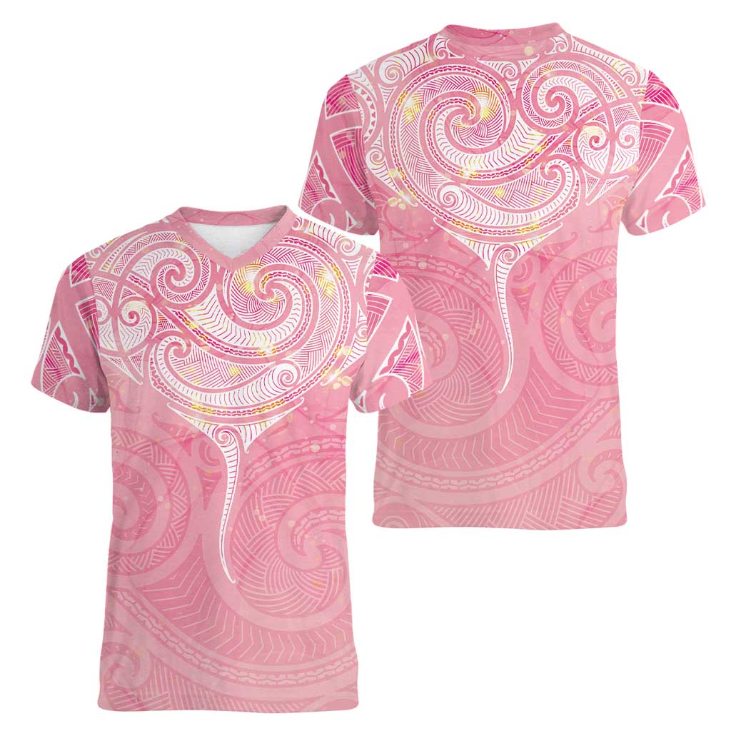Breast Cancer Awareness Maori Aotearoa Women V-Neck T-Shirt Manta Ray - Pink Glaze LT7 - Polynesian Pride