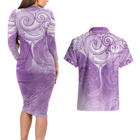 Epilepsy Awareness Maori Aotearoa Couples Matching Long Sleeve Bodycon Dress and Hawaiian Shirt Manta Ray - Purple Glaze LT7 - Polynesian Pride