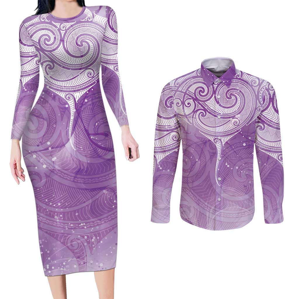 Epilepsy Awareness Maori Aotearoa Couples Matching Long Sleeve Bodycon Dress and Long Sleeve Button Shirt Manta Ray - Purple Glaze LT7 Purple - Polynesian Pride