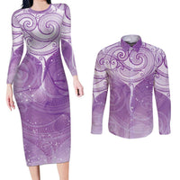 Epilepsy Awareness Maori Aotearoa Couples Matching Long Sleeve Bodycon Dress and Long Sleeve Button Shirt Manta Ray - Purple Glaze LT7 Purple - Polynesian Pride