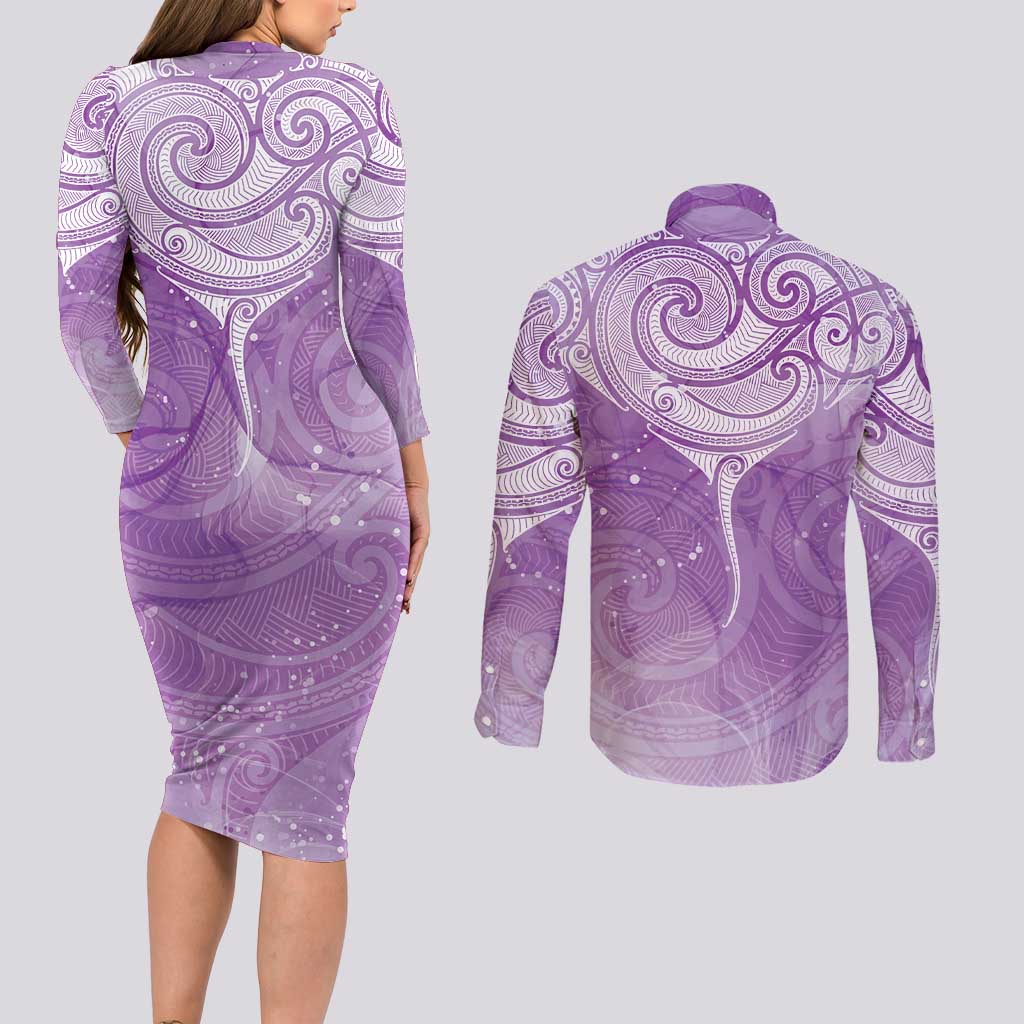 Epilepsy Awareness Maori Aotearoa Couples Matching Long Sleeve Bodycon Dress and Long Sleeve Button Shirt Manta Ray - Purple Glaze LT7 - Polynesian Pride