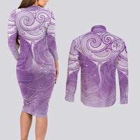 Epilepsy Awareness Maori Aotearoa Couples Matching Long Sleeve Bodycon Dress and Long Sleeve Button Shirt Manta Ray - Purple Glaze LT7 - Polynesian Pride