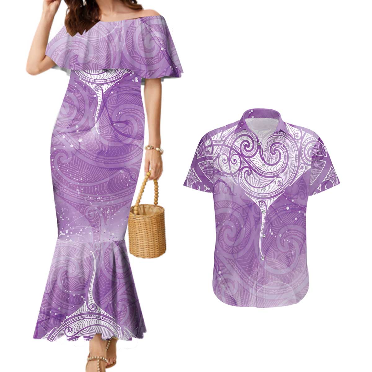 Epilepsy Awareness Maori Aotearoa Couples Matching Mermaid Dress and Hawaiian Shirt Manta Ray - Purple Glaze LT7 Purple - Polynesian Pride