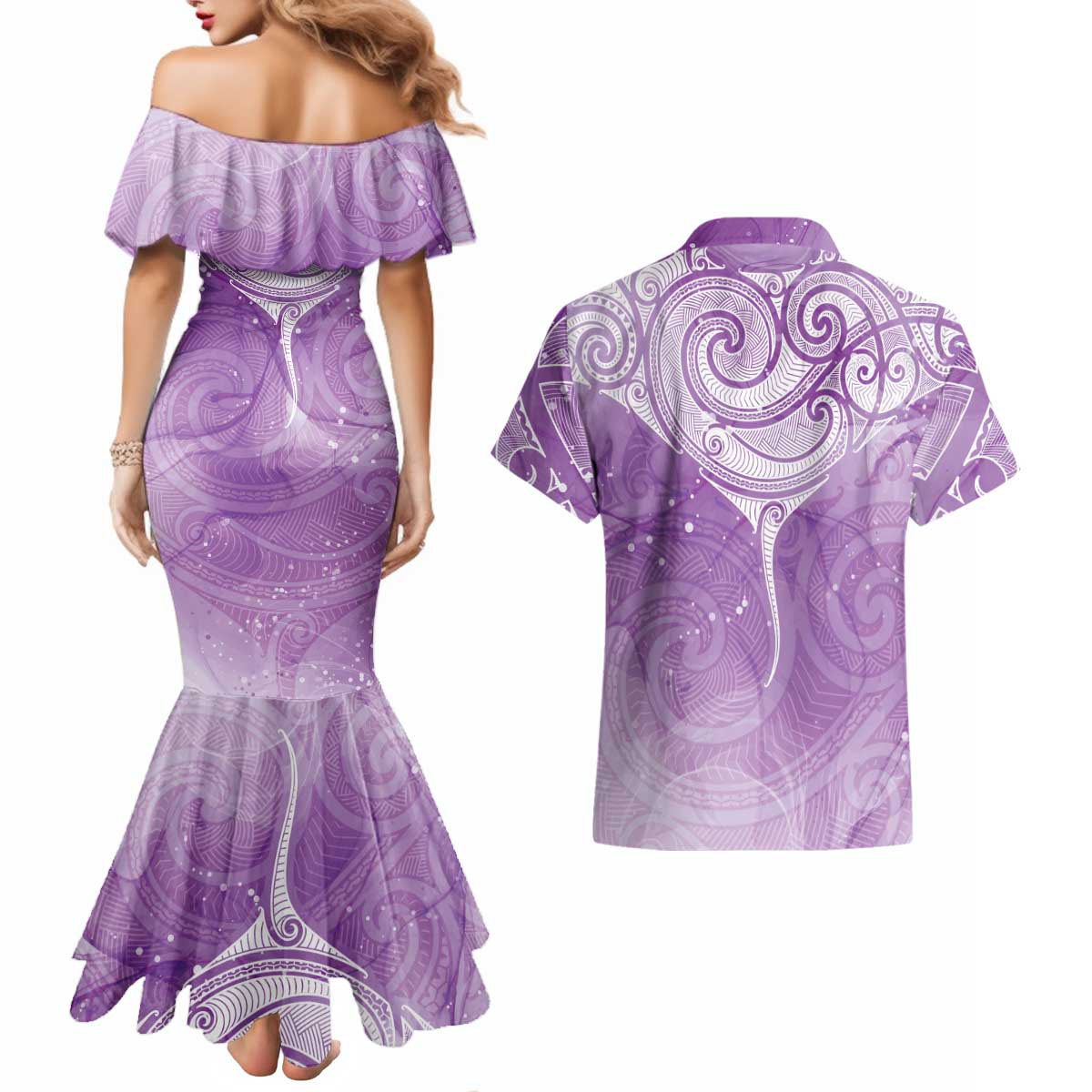 Epilepsy Awareness Maori Aotearoa Couples Matching Mermaid Dress and Hawaiian Shirt Manta Ray - Purple Glaze LT7 - Polynesian Pride
