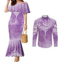 Epilepsy Awareness Maori Aotearoa Couples Matching Mermaid Dress and Long Sleeve Button Shirt Manta Ray - Purple Glaze LT7 Purple - Polynesian Pride