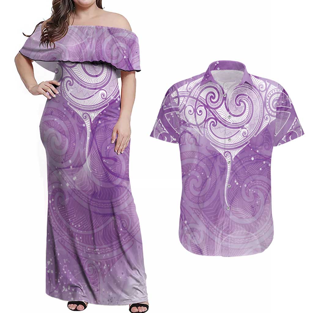 Epilepsy Awareness Maori Aotearoa Couples Matching Off Shoulder Maxi Dress and Hawaiian Shirt Manta Ray - Purple Glaze - Polynesian Pride