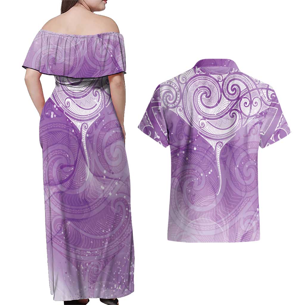 Epilepsy Awareness Maori Aotearoa Couples Matching Off Shoulder Maxi Dress and Hawaiian Shirt Manta Ray - Purple Glaze LT7 - Polynesian Pride