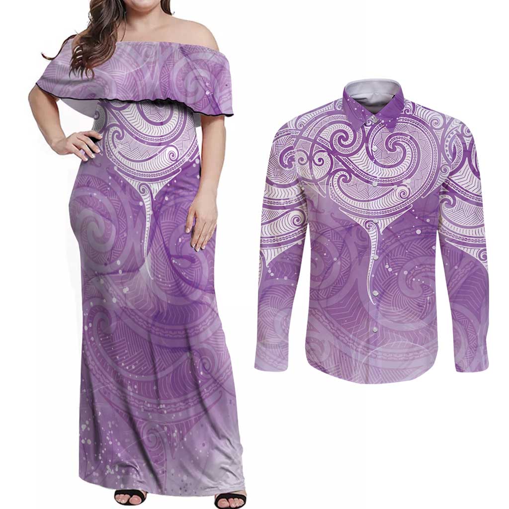 Epilepsy Awareness Maori Aotearoa Couples Matching Off Shoulder Maxi Dress and Long Sleeve Button Shirt Manta Ray - Purple Glaze LT7 Purple - Polynesian Pride