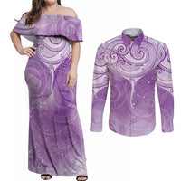Epilepsy Awareness Maori Aotearoa Couples Matching Off Shoulder Maxi Dress and Long Sleeve Button Shirt Manta Ray - Purple Glaze LT7 Purple - Polynesian Pride