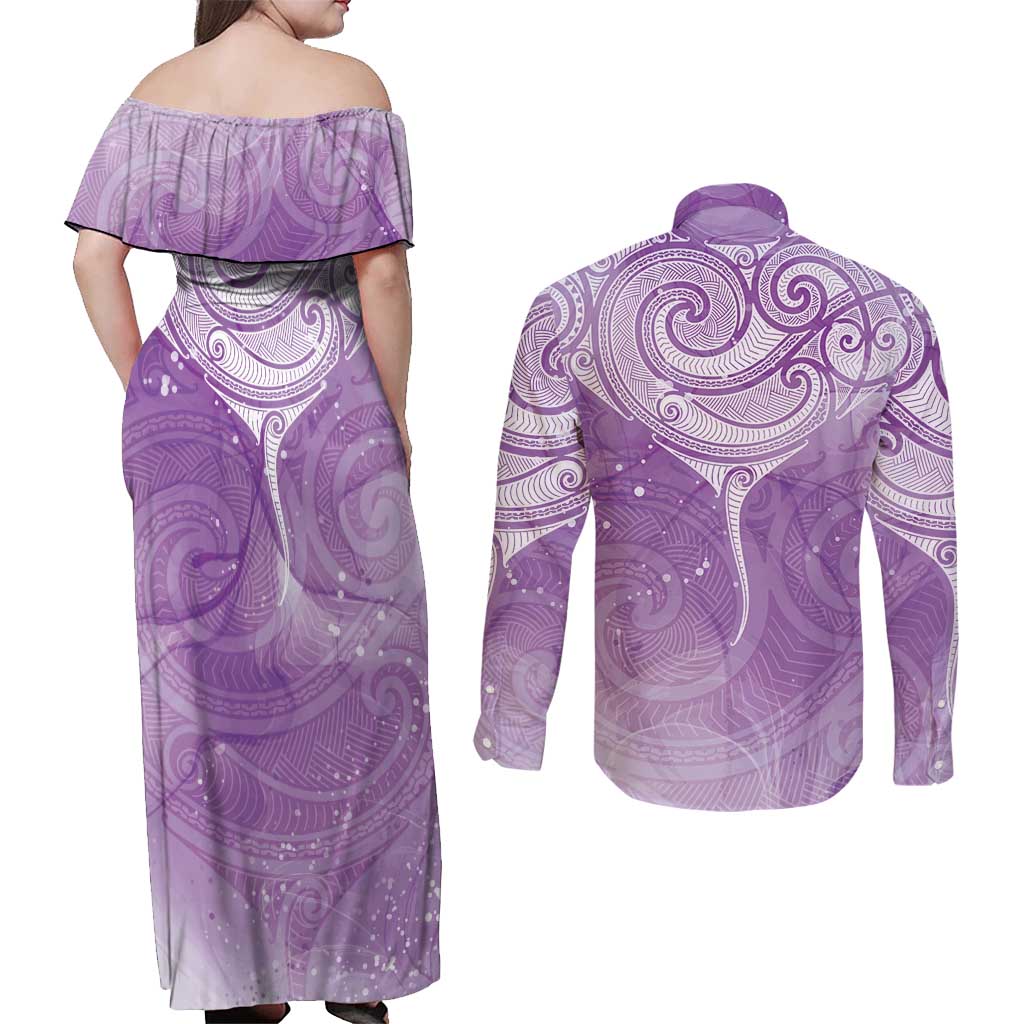 Epilepsy Awareness Maori Aotearoa Couples Matching Off Shoulder Maxi Dress and Long Sleeve Button Shirt Manta Ray - Purple Glaze LT7 - Polynesian Pride