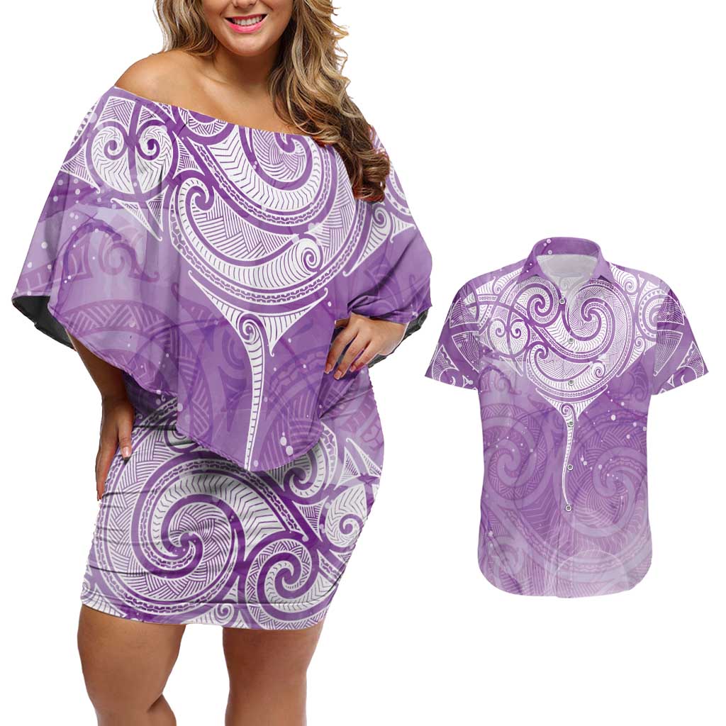 Epilepsy Awareness Maori Aotearoa Couples Matching Off Shoulder Short Dress and Hawaiian Shirt Manta Ray - Purple Glaze LT7 Purple - Polynesian Pride