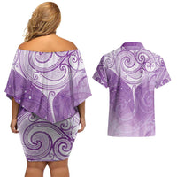 Epilepsy Awareness Maori Aotearoa Couples Matching Off Shoulder Short Dress and Hawaiian Shirt Manta Ray - Purple Glaze LT7 - Polynesian Pride