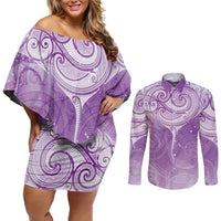 Epilepsy Awareness Maori Aotearoa Couples Matching Off Shoulder Short Dress and Long Sleeve Button Shirt Manta Ray - Purple Glaze LT7 Purple - Polynesian Pride