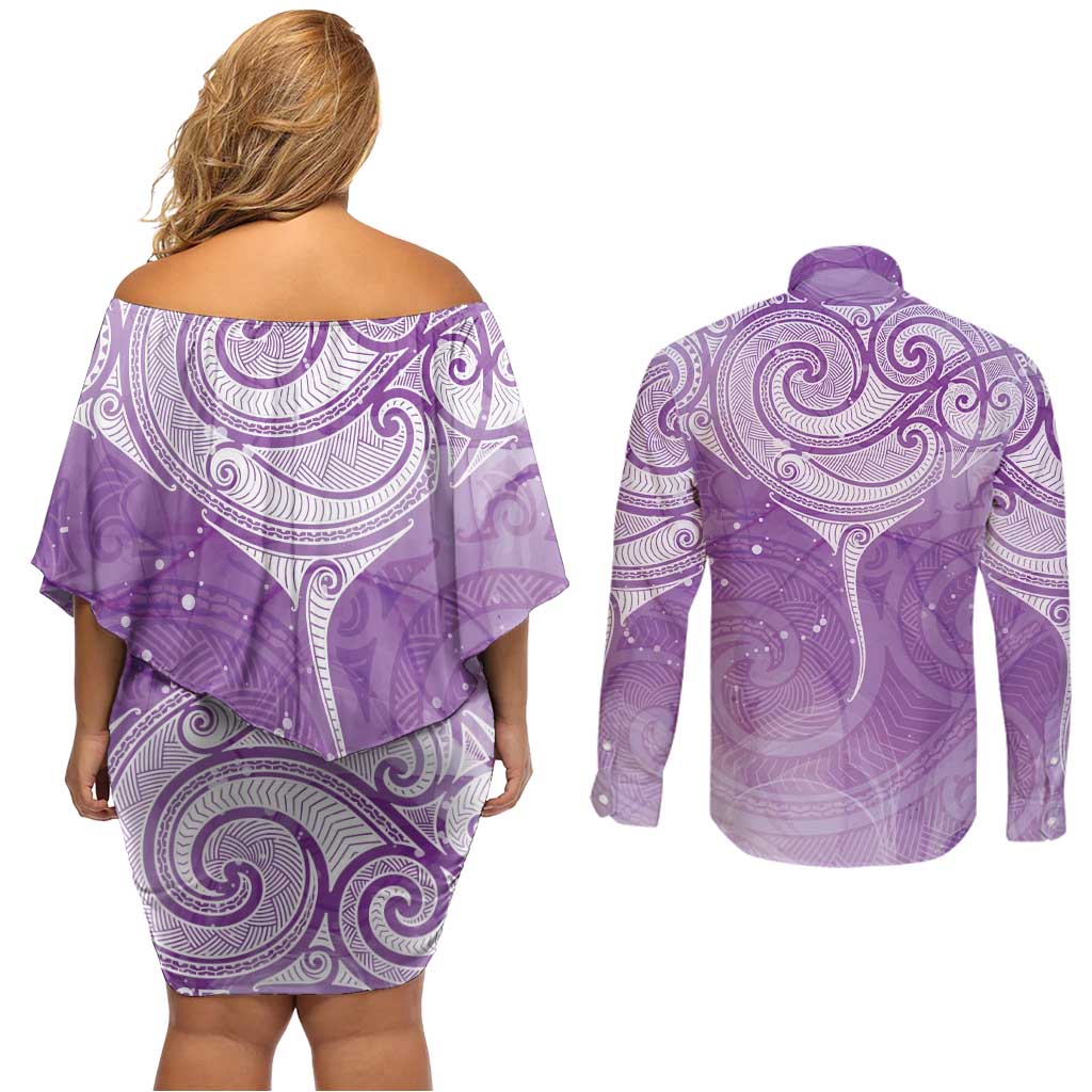 Epilepsy Awareness Maori Aotearoa Couples Matching Off Shoulder Short Dress and Long Sleeve Button Shirt Manta Ray - Purple Glaze LT7 - Polynesian Pride