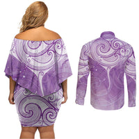 Epilepsy Awareness Maori Aotearoa Couples Matching Off Shoulder Short Dress and Long Sleeve Button Shirt Manta Ray - Purple Glaze LT7 - Polynesian Pride