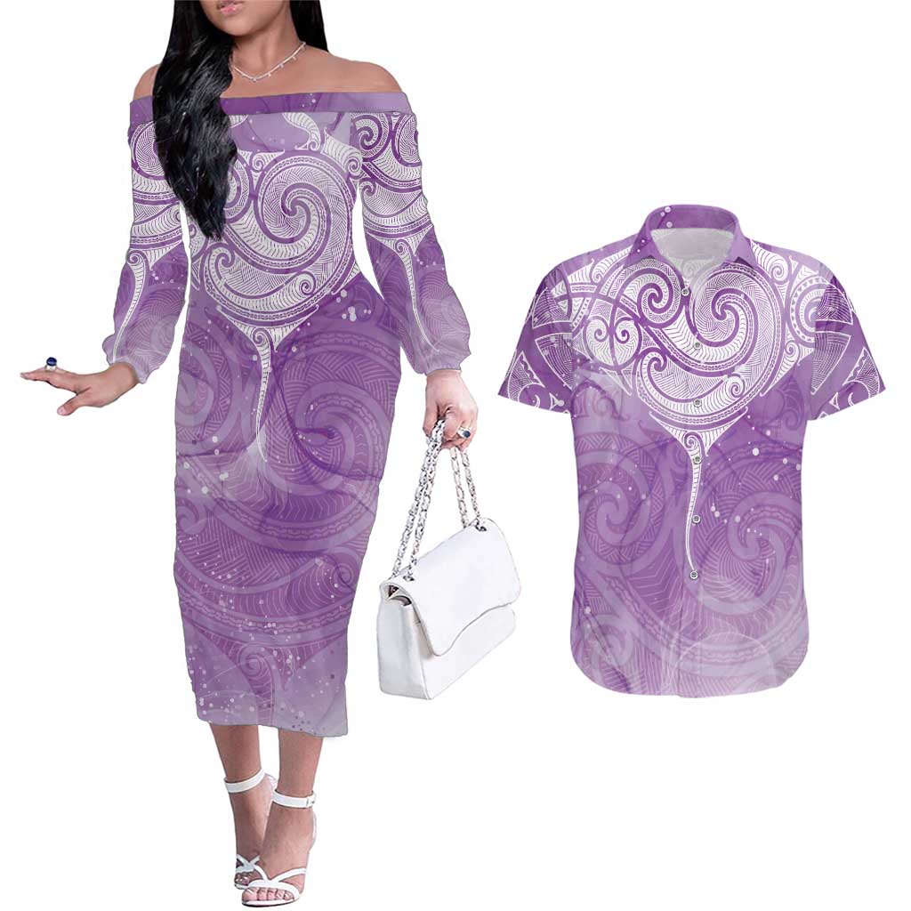 Epilepsy Awareness Maori Aotearoa Couples Matching Off The Shoulder Long Sleeve Dress and Hawaiian Shirt Manta Ray - Purple Glaze LT7 Purple - Polynesian Pride
