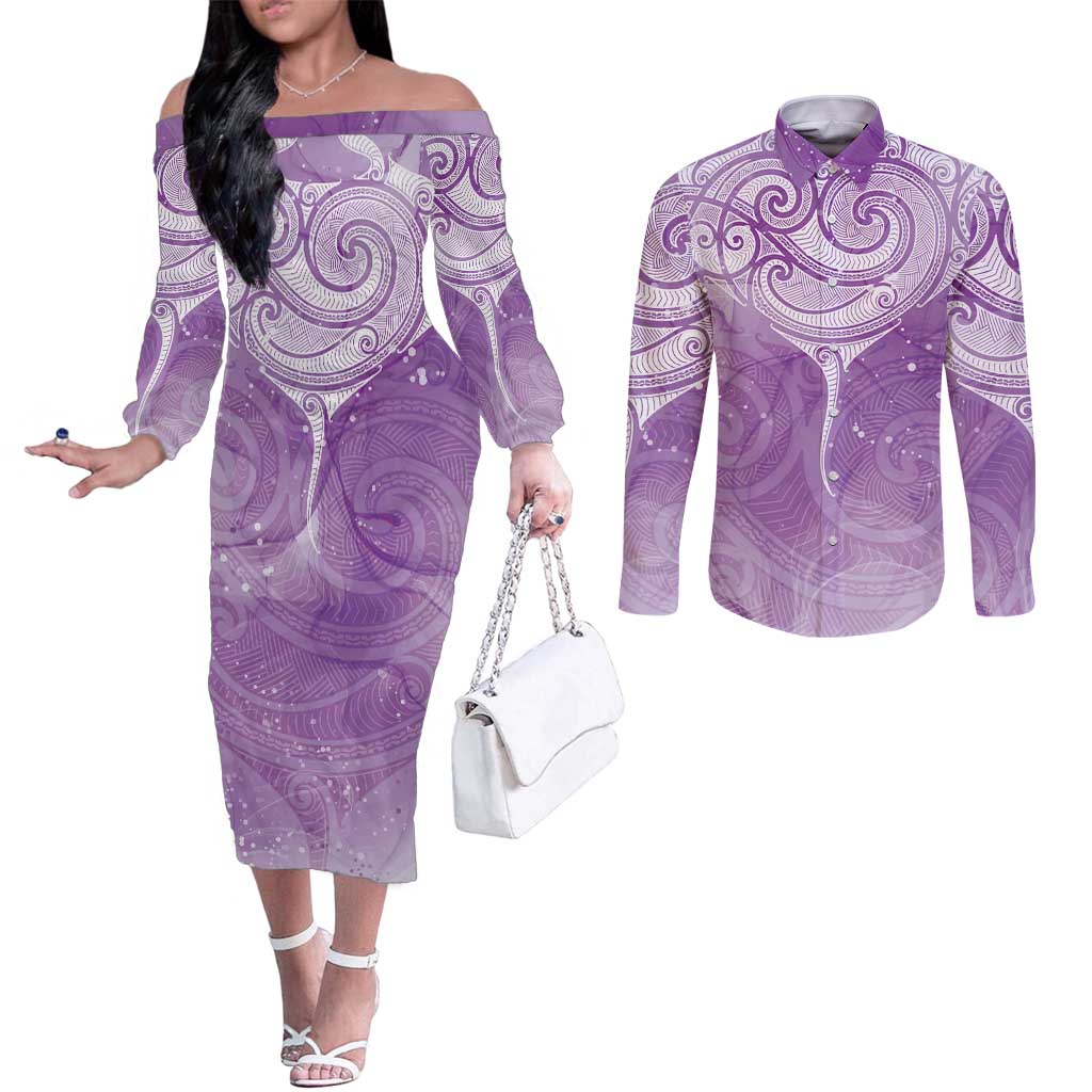 Epilepsy Awareness Maori Aotearoa Couples Matching Off The Shoulder Long Sleeve Dress and Long Sleeve Button Shirt Manta Ray - Purple Glaze LT7 Purple - Polynesian Pride