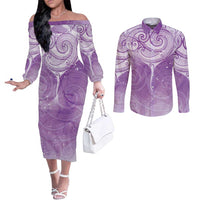 Epilepsy Awareness Maori Aotearoa Couples Matching Off The Shoulder Long Sleeve Dress and Long Sleeve Button Shirt Manta Ray - Purple Glaze LT7 Purple - Polynesian Pride