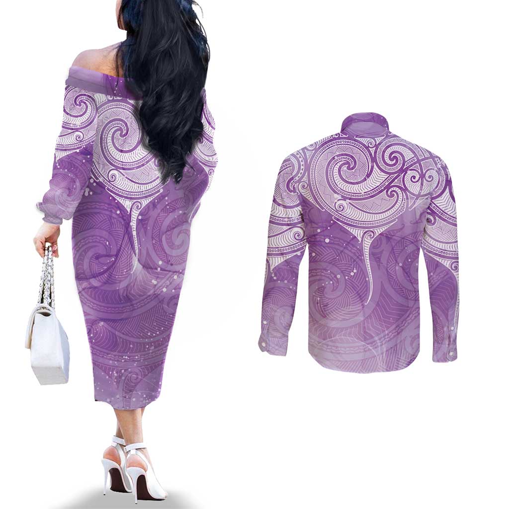 Epilepsy Awareness Maori Aotearoa Couples Matching Off The Shoulder Long Sleeve Dress and Long Sleeve Button Shirt Manta Ray - Purple Glaze LT7 - Polynesian Pride