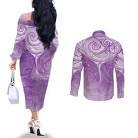 Epilepsy Awareness Maori Aotearoa Couples Matching Off The Shoulder Long Sleeve Dress and Long Sleeve Button Shirt Manta Ray - Purple Glaze LT7 - Polynesian Pride