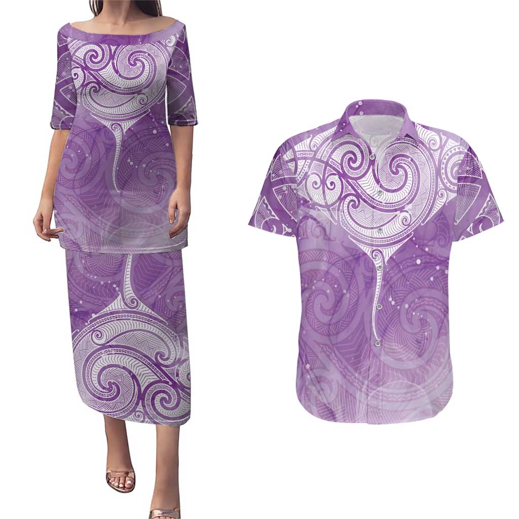 Epilepsy Awareness Maori Aotearoa Couples Matching Puletasi and Hawaiian Shirt Manta Ray - Purple Glaze LT7 Purple - Polynesian Pride