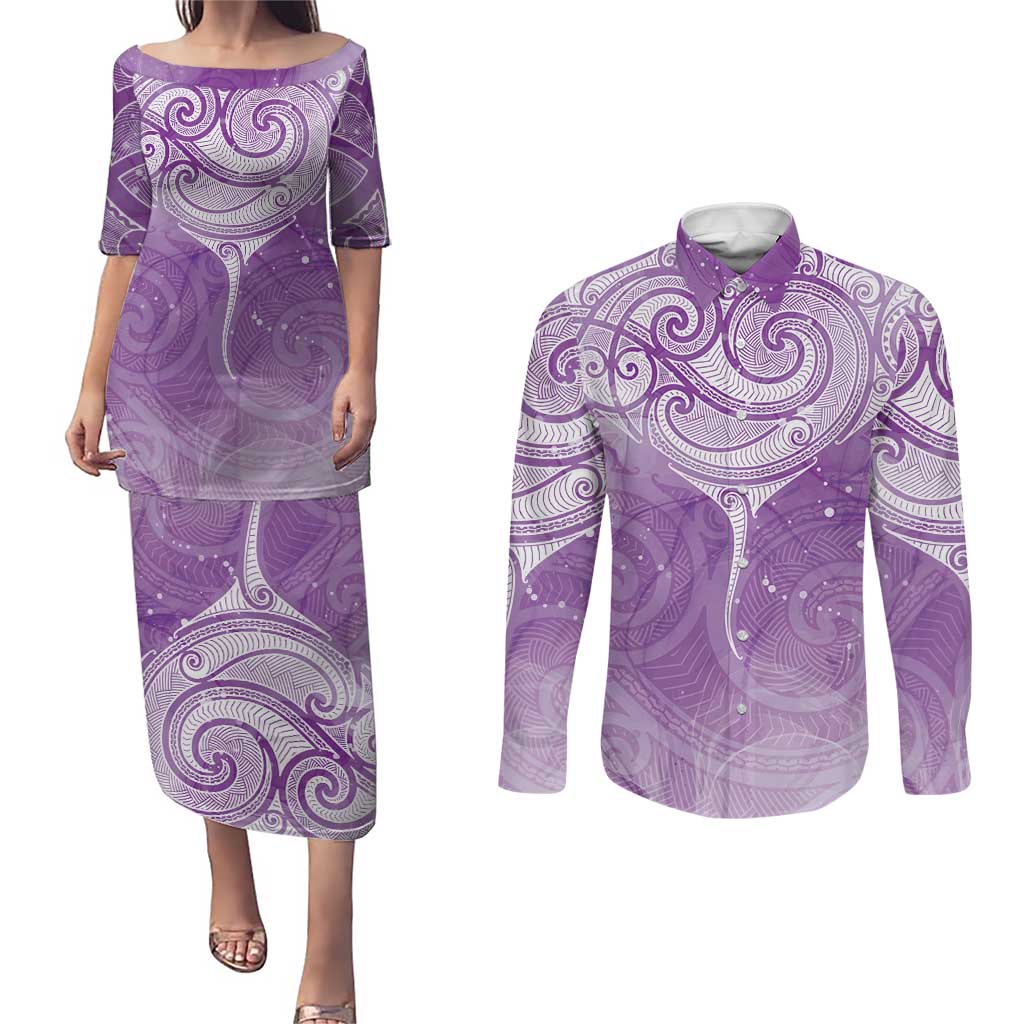 Epilepsy Awareness Maori Aotearoa Couples Matching Puletasi and Long Sleeve Button Shirt Manta Ray - Purple Glaze - Polynesian Pride