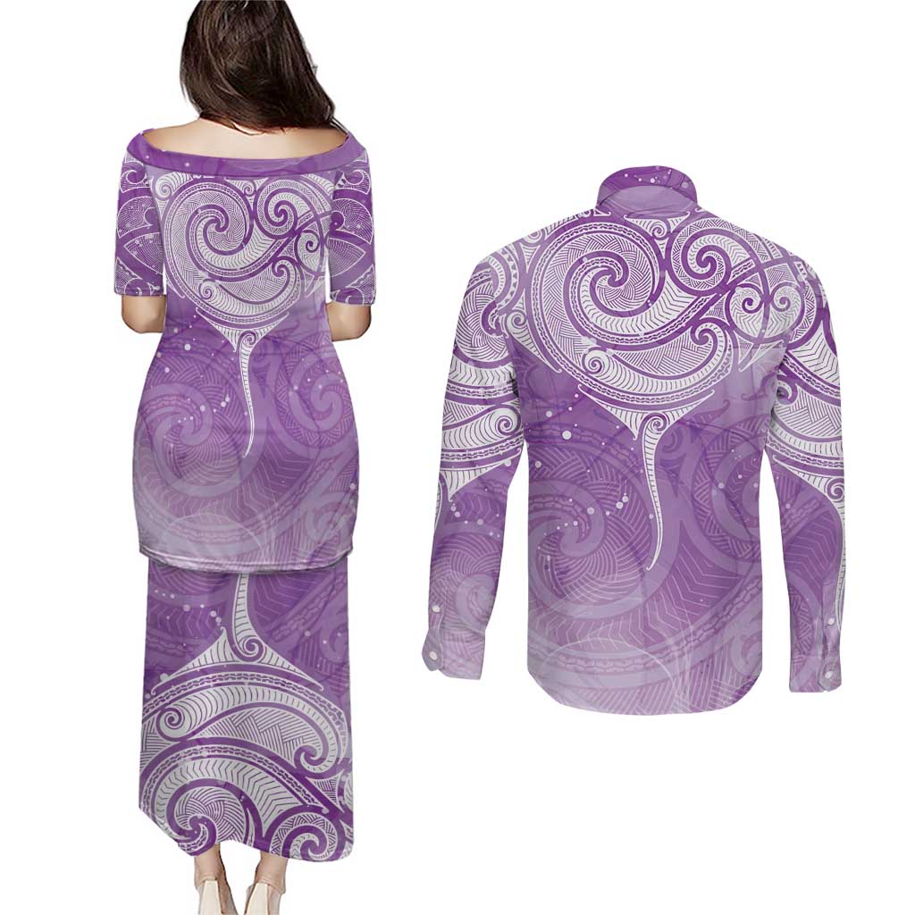 Epilepsy Awareness Maori Aotearoa Couples Matching Puletasi and Long Sleeve Button Shirt Manta Ray - Purple Glaze - Polynesian Pride
