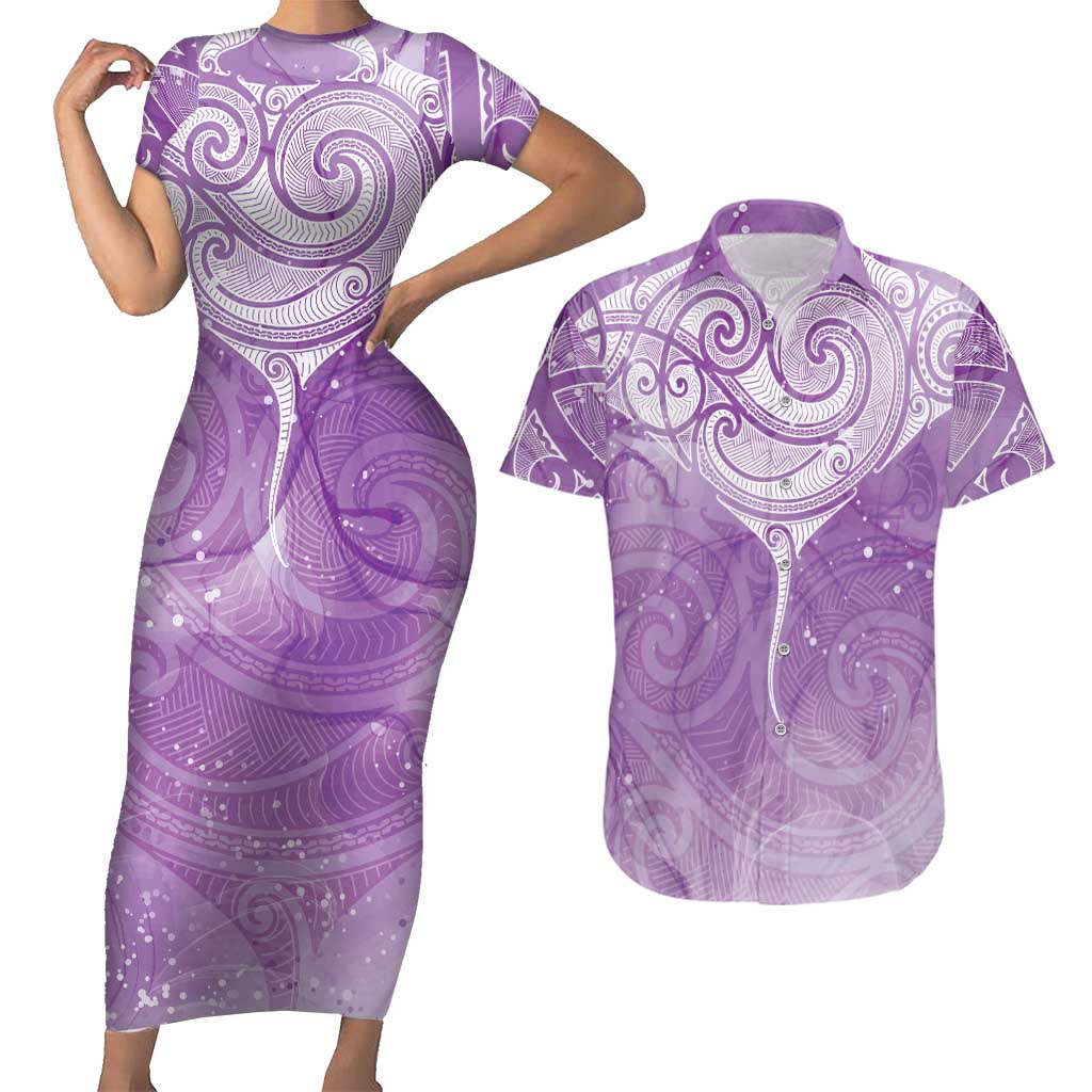 Epilepsy Awareness Maori Aotearoa Couples Matching Short Sleeve Bodycon Dress and Hawaiian Shirt Manta Ray - Purple Glaze LT7 Purple - Polynesian Pride