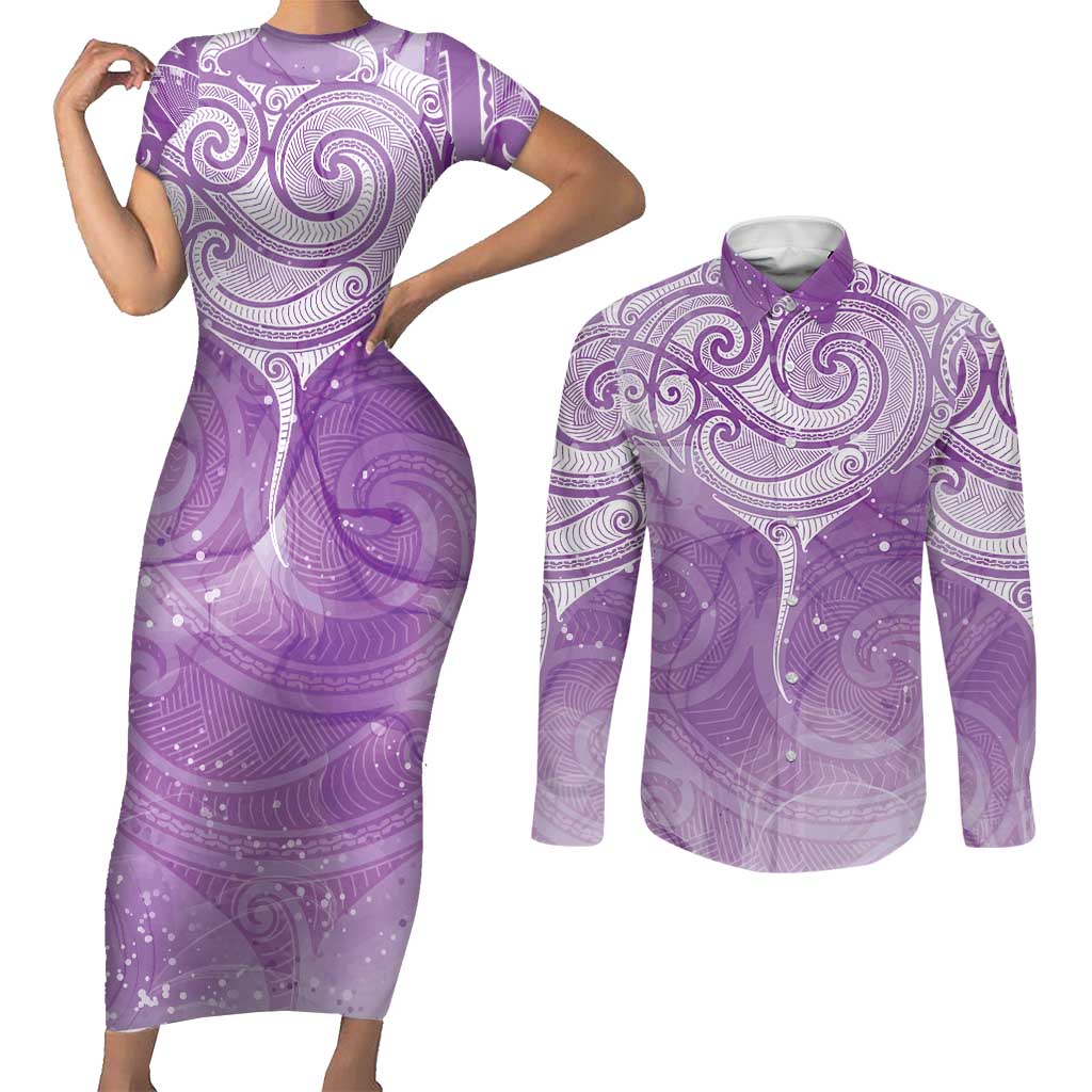 Epilepsy Awareness Maori Aotearoa Couples Matching Short Sleeve Bodycon Dress and Long Sleeve Button Shirt Manta Ray - Purple Glaze - Polynesian Pride