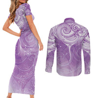 Epilepsy Awareness Maori Aotearoa Couples Matching Short Sleeve Bodycon Dress and Long Sleeve Button Shirt Manta Ray - Purple Glaze LT7 - Polynesian Pride