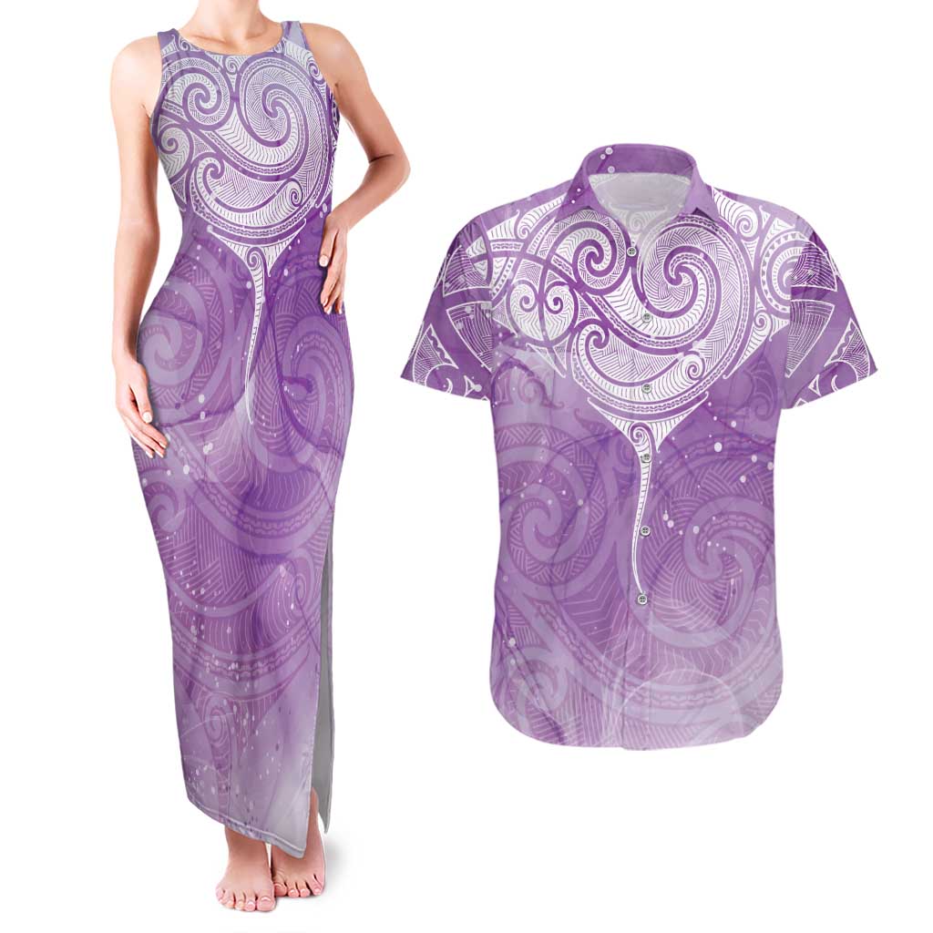Epilepsy Awareness Maori Aotearoa Couples Matching Tank Maxi Dress and Hawaiian Shirt Manta Ray - Purple Glaze - Polynesian Pride