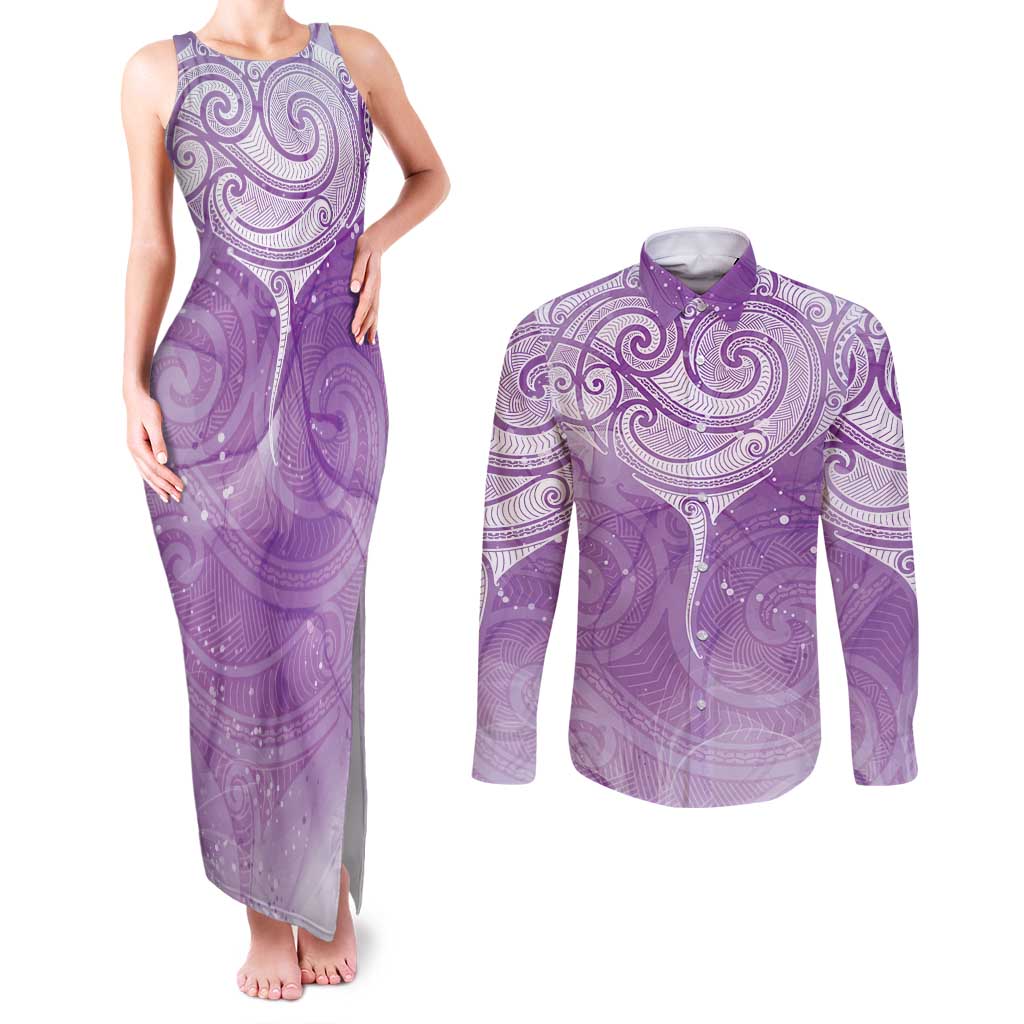 Epilepsy Awareness Maori Aotearoa Couples Matching Tank Maxi Dress and Long Sleeve Button Shirt Manta Ray - Purple Glaze LT7 Purple - Polynesian Pride