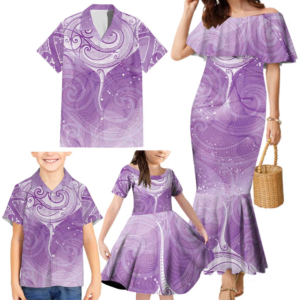 Epilepsy Awareness Maori Aotearoa Family Matching Mermaid Dress and Hawaiian Shirt Manta Ray - Purple Glaze - Polynesian Pride