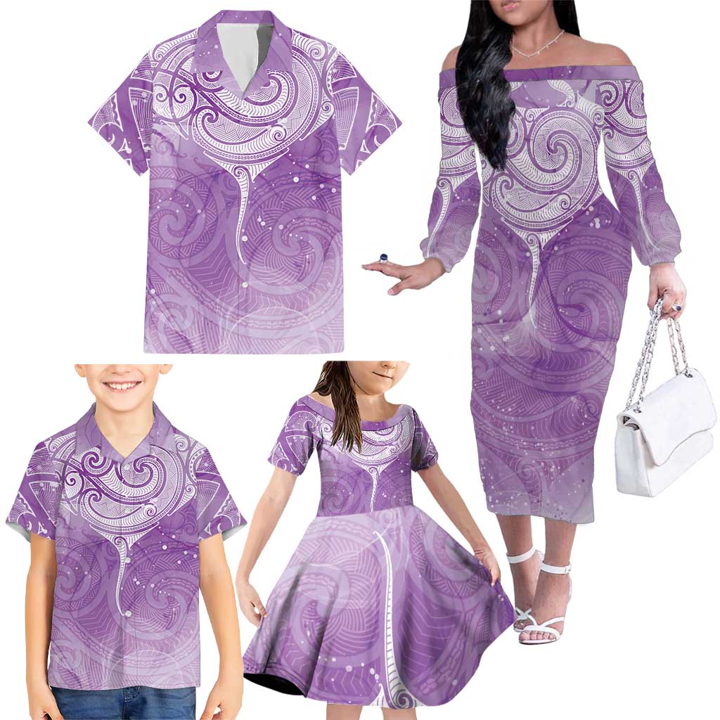 Epilepsy Awareness Maori Aotearoa Family Matching Off The Shoulder Long Sleeve Dress and Hawaiian Shirt Manta Ray - Purple Glaze - Polynesian Pride