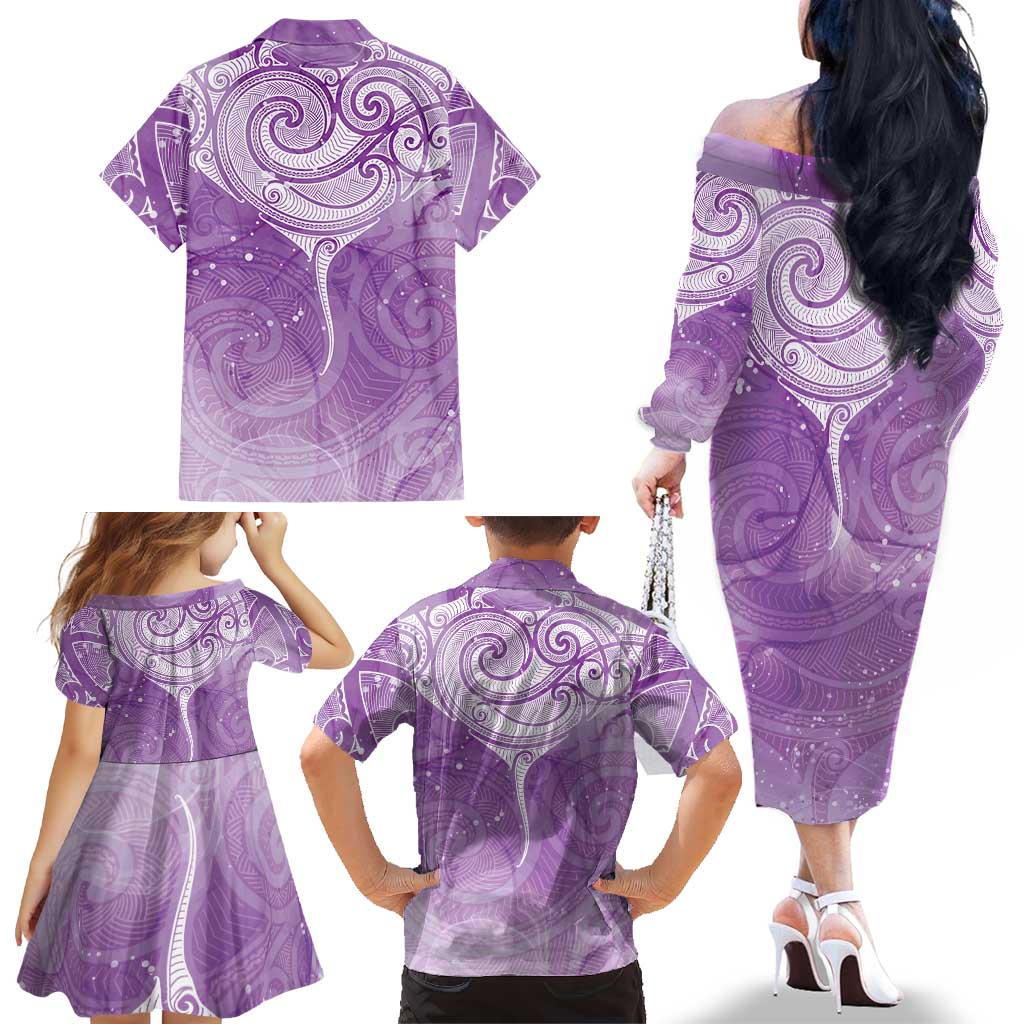 Epilepsy Awareness Maori Aotearoa Family Matching Off The Shoulder Long Sleeve Dress and Hawaiian Shirt Manta Ray - Purple Glaze LT7 - Polynesian Pride