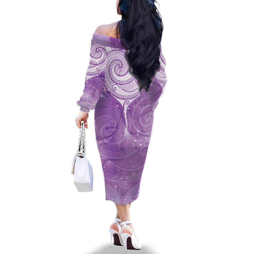 Epilepsy Awareness Maori Aotearoa Family Matching Off The Shoulder Long Sleeve Dress and Hawaiian Shirt Manta Ray - Purple Glaze LT7 - Polynesian Pride