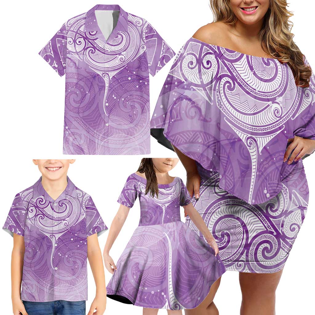 Epilepsy Awareness Maori Aotearoa Family Matching Off Shoulder Short Dress and Hawaiian Shirt Manta Ray - Purple Glaze LT7 - Polynesian Pride