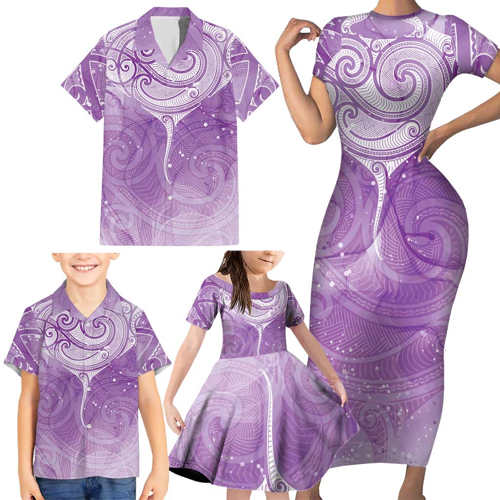 Epilepsy Awareness Maori Aotearoa Family Matching Short Sleeve Bodycon Dress and Hawaiian Shirt Manta Ray - Purple Glaze - Polynesian Pride
