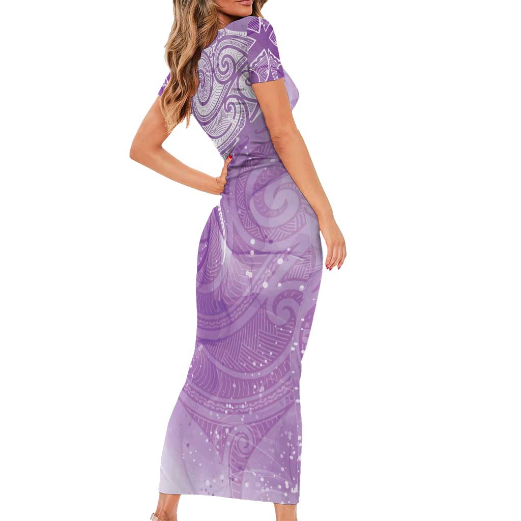 Epilepsy Awareness Maori Aotearoa Family Matching Short Sleeve Bodycon Dress and Hawaiian Shirt Manta Ray - Purple Glaze LT7 - Polynesian Pride