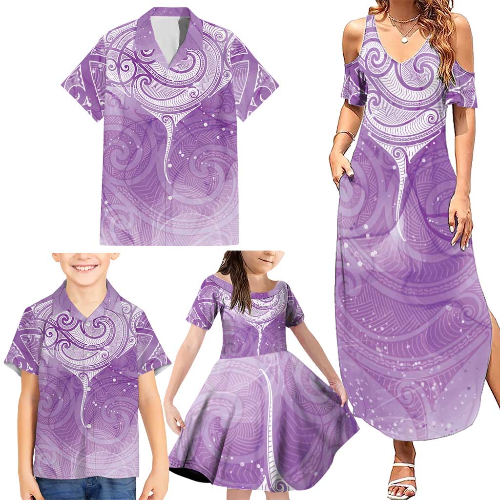 Epilepsy Awareness Maori Aotearoa Family Matching Summer Maxi Dress and Hawaiian Shirt Manta Ray - Purple Glaze LT7 - Polynesian Pride