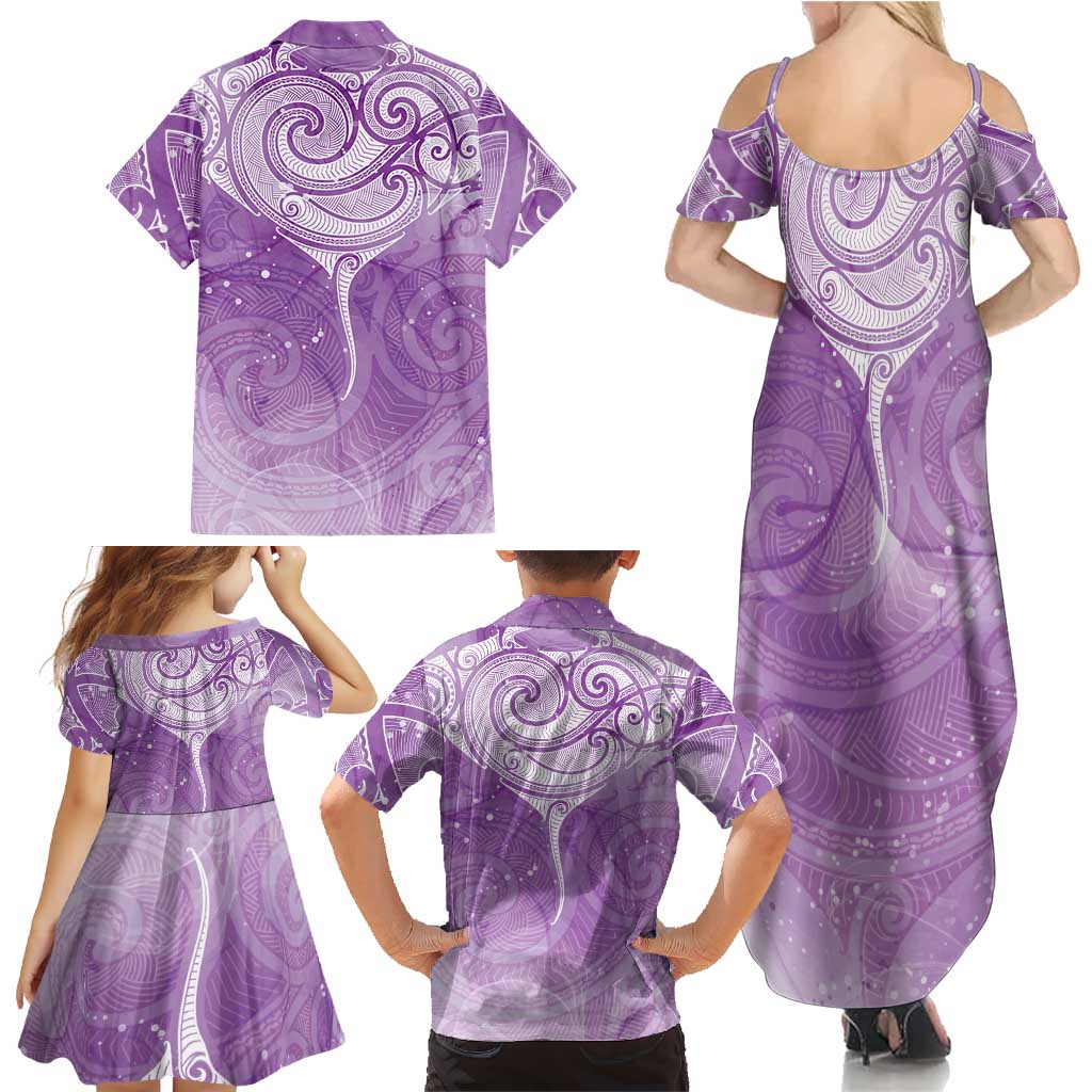Epilepsy Awareness Maori Aotearoa Family Matching Summer Maxi Dress and Hawaiian Shirt Manta Ray - Purple Glaze LT7 - Polynesian Pride