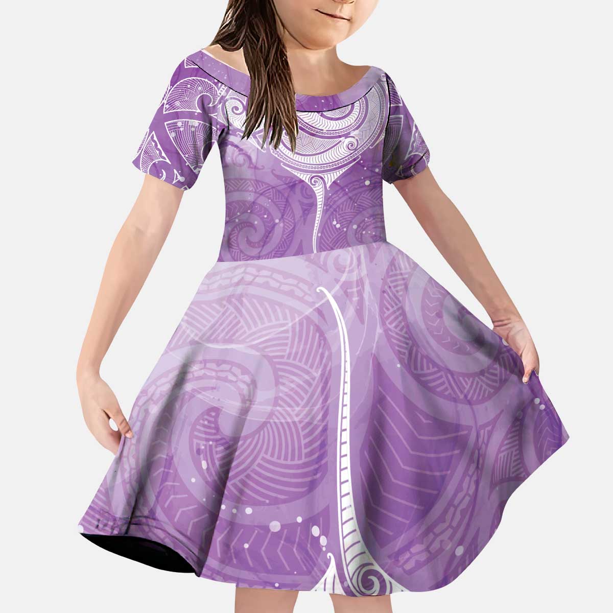 Epilepsy Awareness Maori Aotearoa Kid Short Sleeve Dress Manta Ray - Purple Glaze - Polynesian Pride
