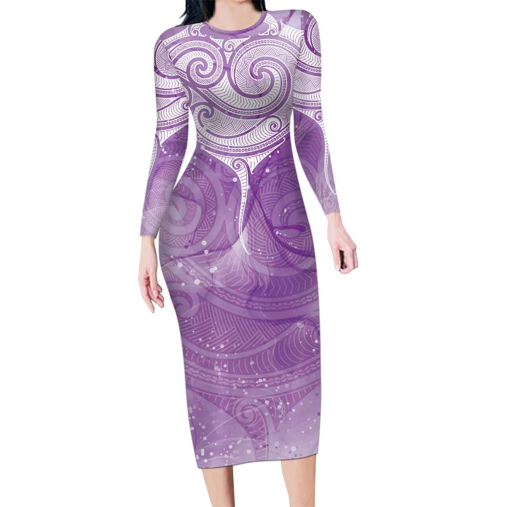 Epilepsy Awareness Maori Aotearoa Long Sleeve Bodycon Dress Manta Ray - Purple Glaze - Polynesian Pride