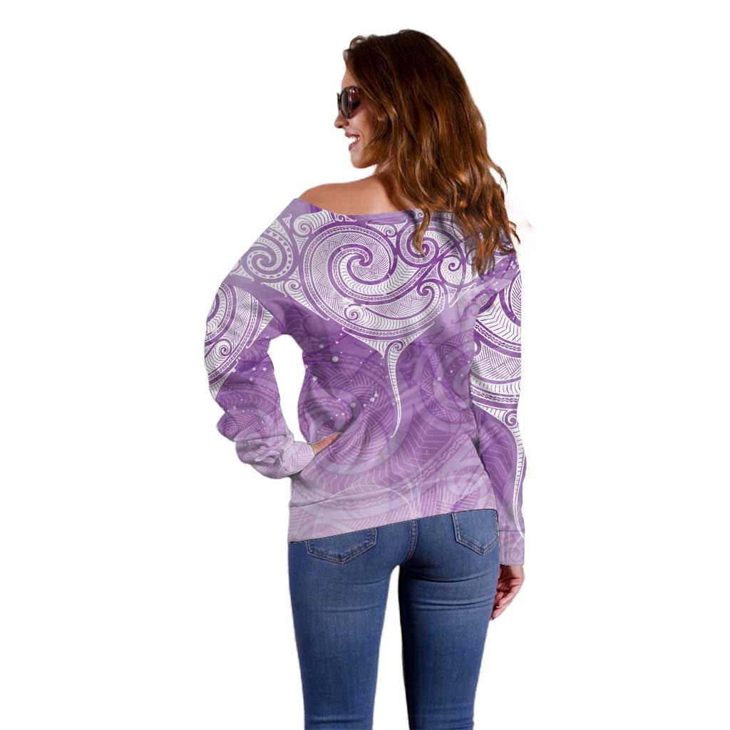 Epilepsy Awareness Maori Aotearoa Off Shoulder Sweater Manta Ray - Purple Glaze LT7 - Polynesian Pride