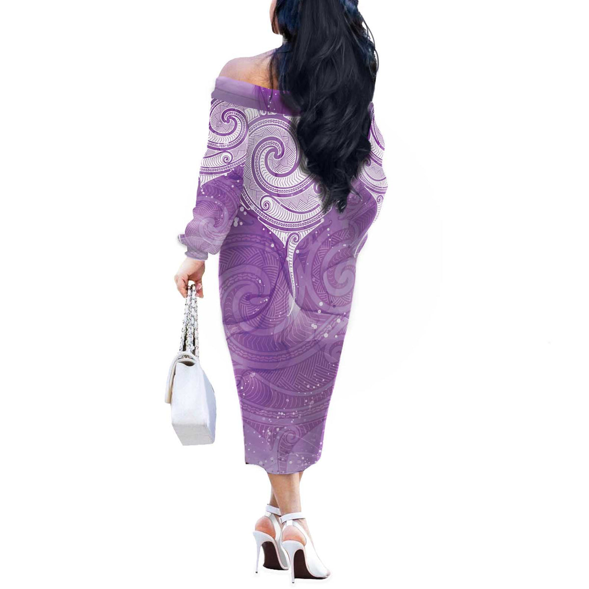 Epilepsy Awareness Maori Aotearoa Off The Shoulder Long Sleeve Dress Manta Ray - Purple Glaze LT7 - Polynesian Pride