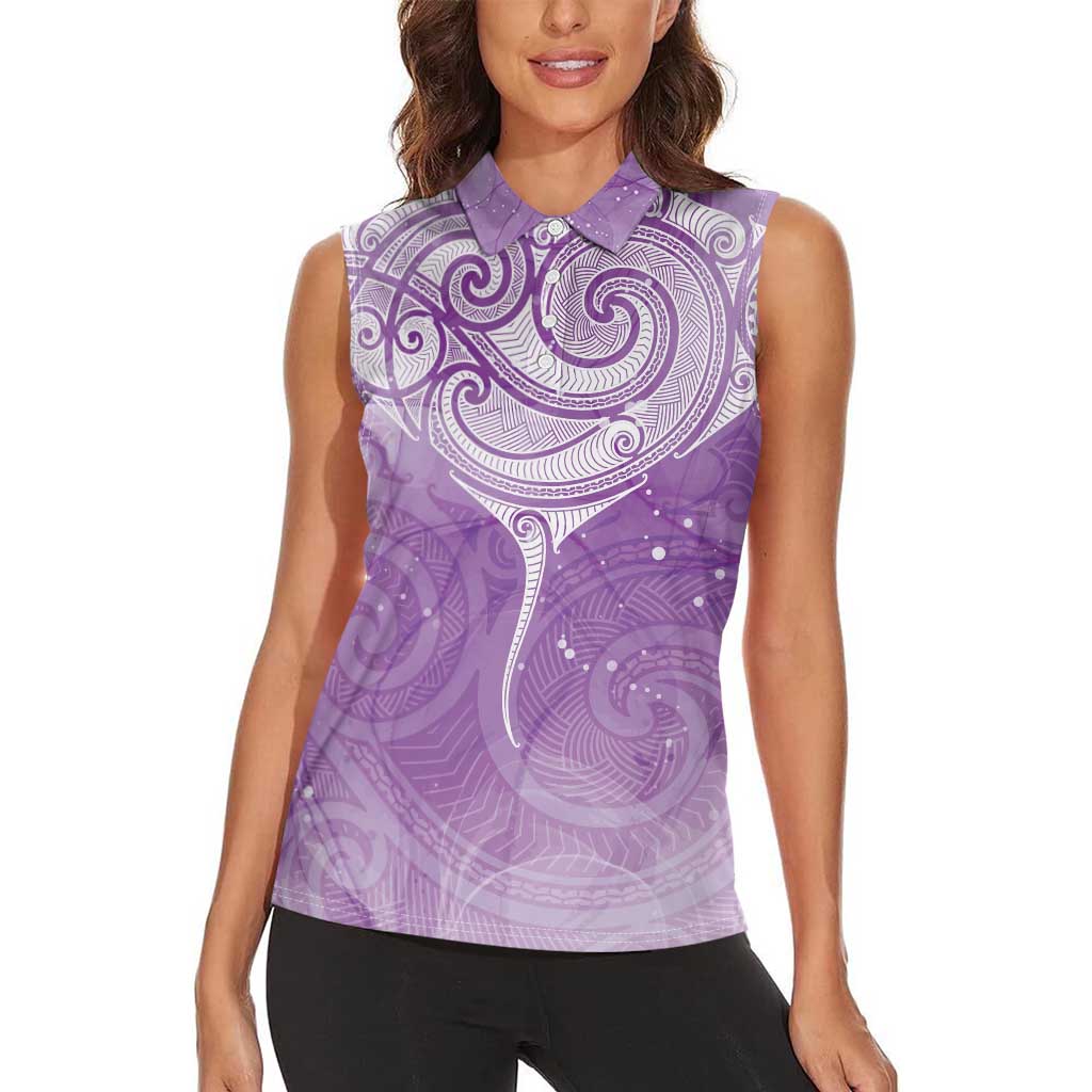 Epilepsy Awareness Maori Aotearoa Women Sleeveless Polo Shirt Manta Ray - Purple Glaze - Polynesian Pride