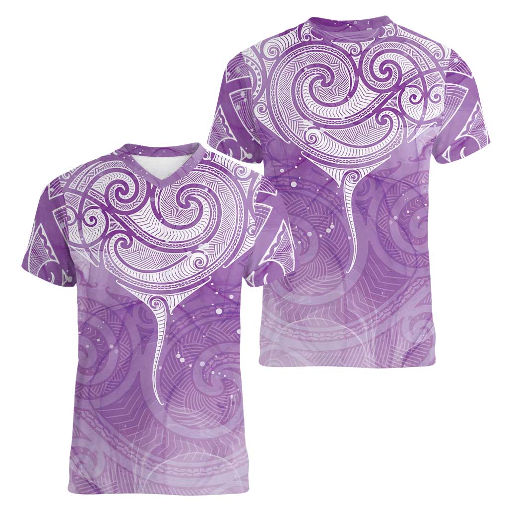 Epilepsy Awareness Maori Aotearoa Women V-Neck T-Shirt Manta Ray - Purple Glaze LT7 - Polynesian Pride